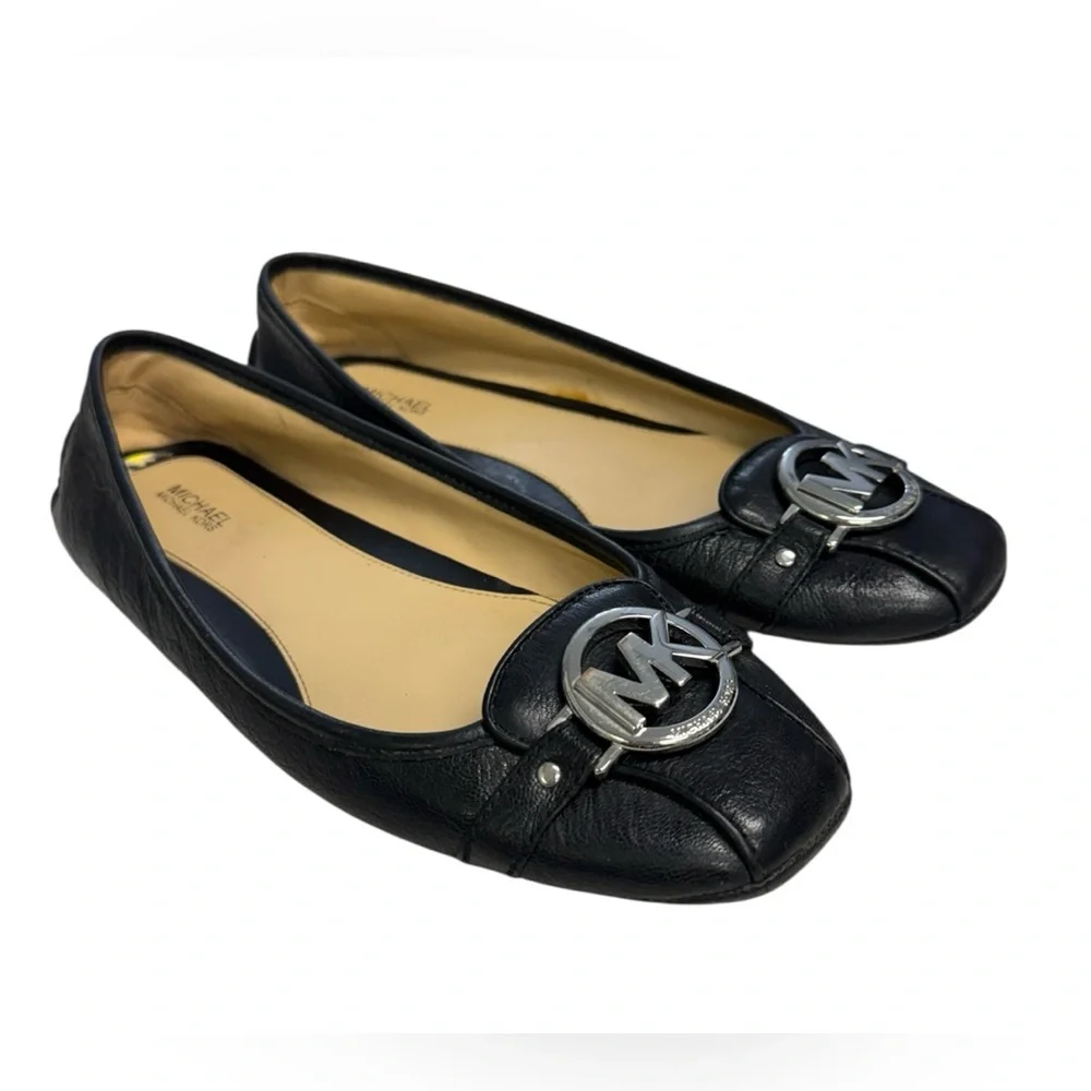 Michael Kors Black Leather Flats with Silver Logo Accent Size 9M